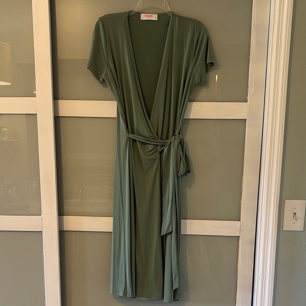 Renee C. Olive Green Wrap Midi Dress